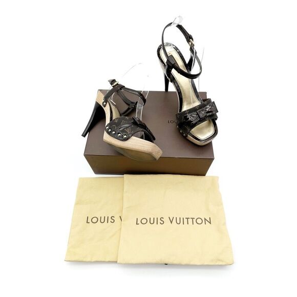 LOUIS VUITTON Idylle Monogram Platform Pumps Size 38 Peep Toe Patent Bow Brown - Picture 3 of 16